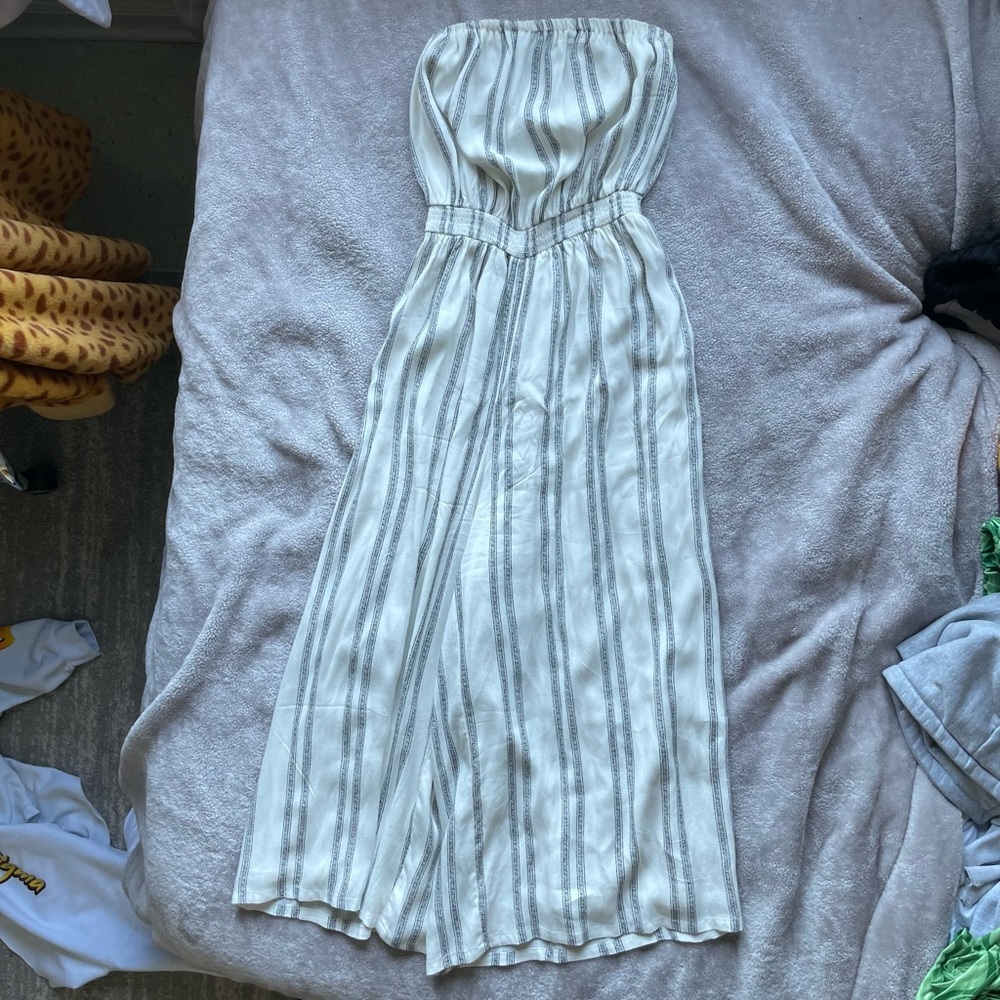 Strapless, wide leg, white and grey jumpsuit